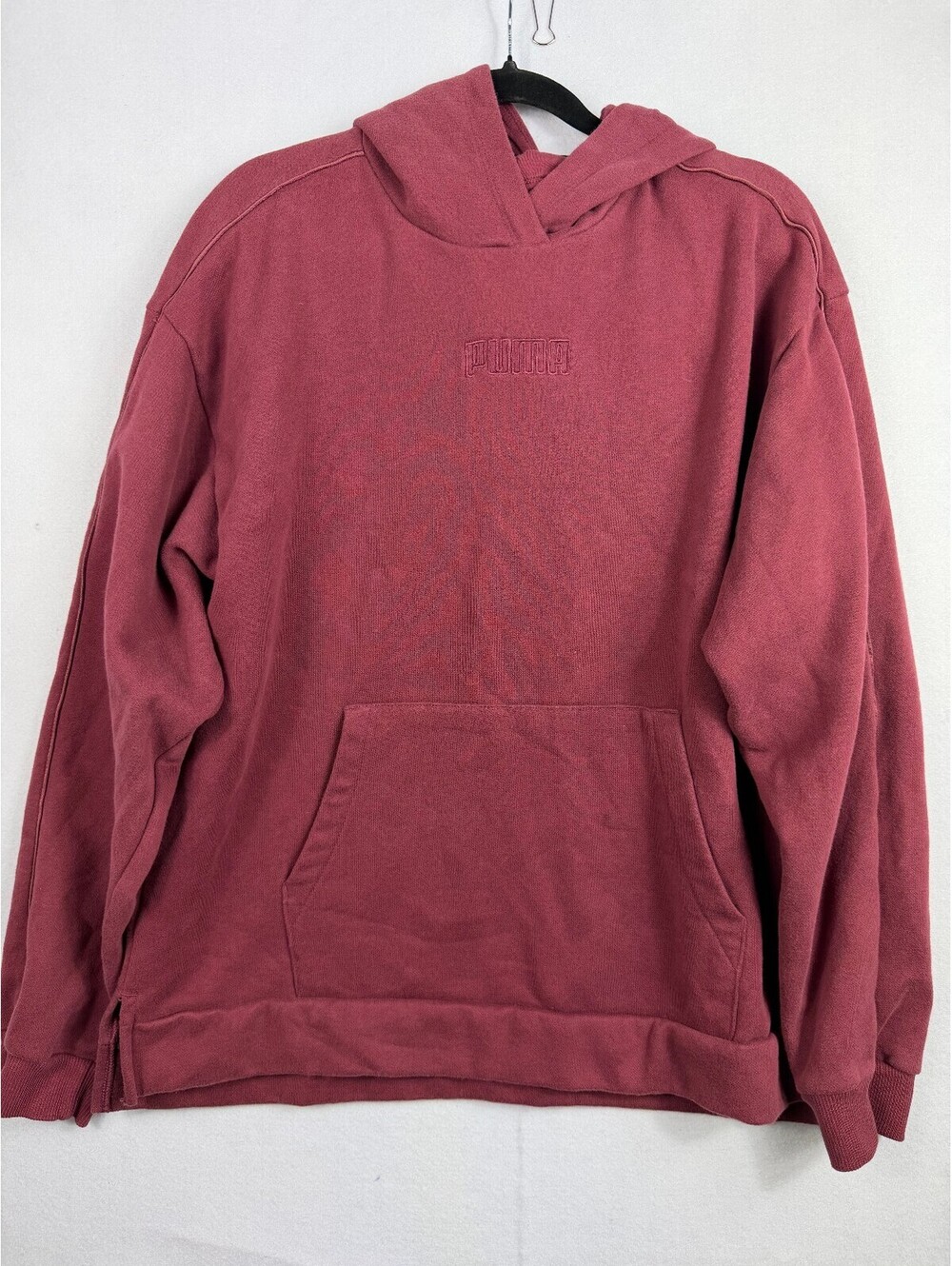 Puma Embroidered Logo Hoodie Burgundy Maroon Oversized Pullover Sweatshirt Large